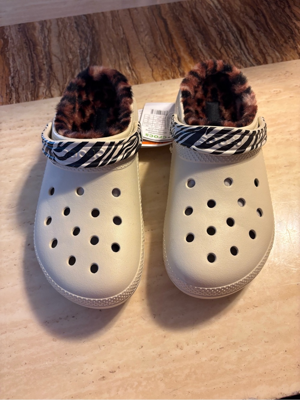CROCS Cream Clogs with Zebra Strap and Leopard Fur Lining